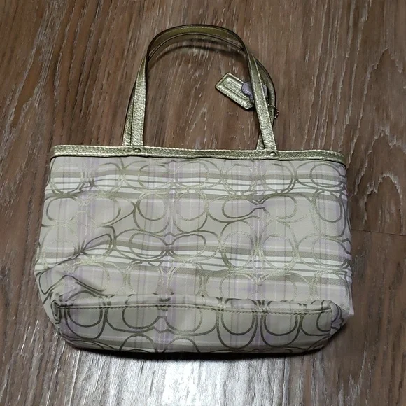 COACH Metallic Gold Plaid Monogram Logo Mini Handbag Luxury Formal Occassion - Picture 11 of 11